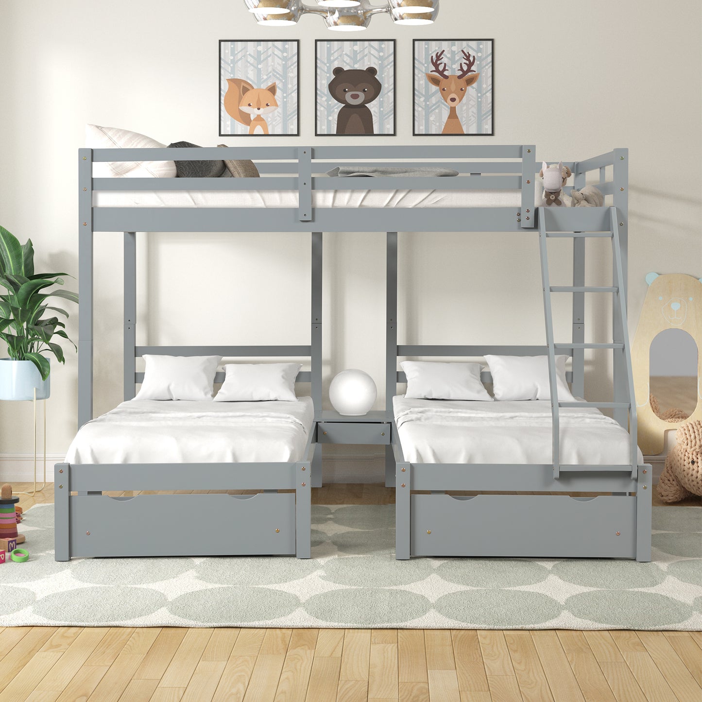 Solid Wood Full over  Twin & Twin Bunk Bed with 3 Storage Drawers, Grey (96.8”x79”x68.3”)