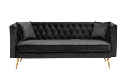 Modern Flat Armrest Living Room Sofa Black Three Seat Sofa With Two Throw Pillows