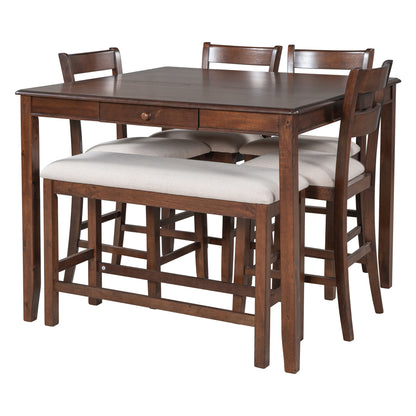 TOPMAX Wood 6-Piece Dining Table Set with Storage Drawer, Counter Height Square Kitchen Set with Upholstered Chair and Bench, Walnut