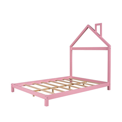 Full Size Wood Platform Bed with House-shaped Headboard  (Pink)