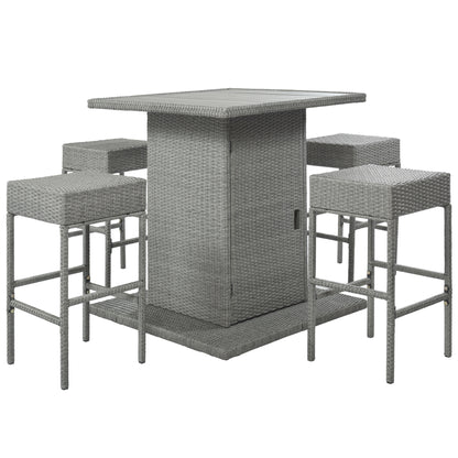 TOPMAX Patio 5-Piece Rattan Dining Table Set, PE Wicker Square Kitchen Table Set with Storage Shelf and 4 Padded Stools for Poolside, Garden, Gray Wicker+Dark Gray Cushion