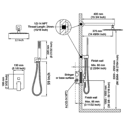 Shower System Shower Faucet Combo Set Wall Mounted with 12" Rainfall Shower Head and handheld shower faucet, Matt Black Finish with Brass Valve Rough-In