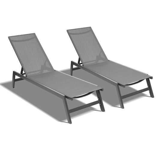 Outdoor 2-Pcs Set Chaise Lounge Chairs,Five-Position Adjustable Aluminum Recliner,All Weather For Patio,Beach,Yard, Pool(Grey Frame/Dark Grey Fabric)