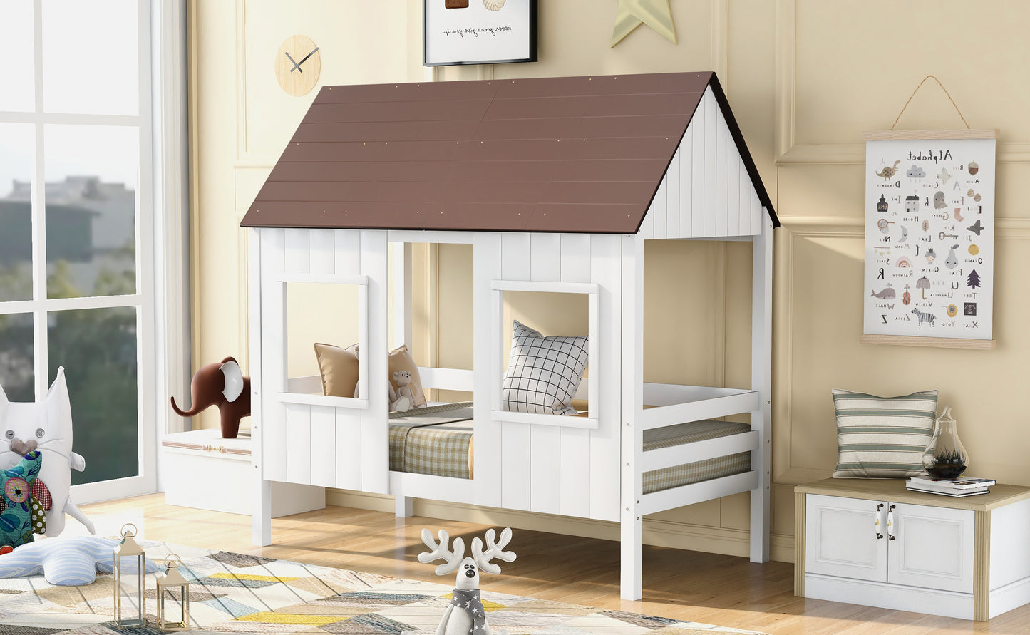 Twin Size Low Loft Wood House Bed with Two Front Windows, (White+Brown Roof)(OLD SKU:LP000039AAH)