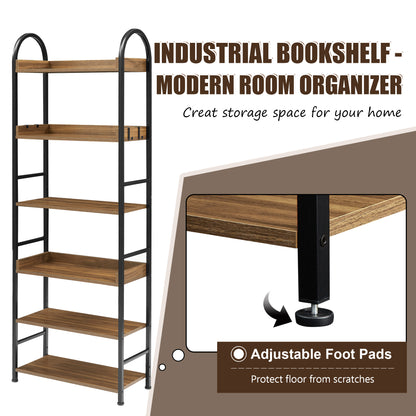 70.8 Inch Tall Bookshelf, 6-tier Shelves with Round Top Frame, MDF Boards, Adjustable Foot Pads, Brown