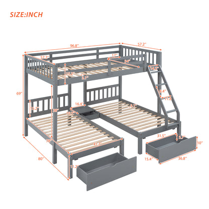 Full Over Twin & Twin Bunk Bed, Wood Triple Bunk Bed with Drawers and Guardrails  (Gray) （OLD SKU:LP000143AAE）