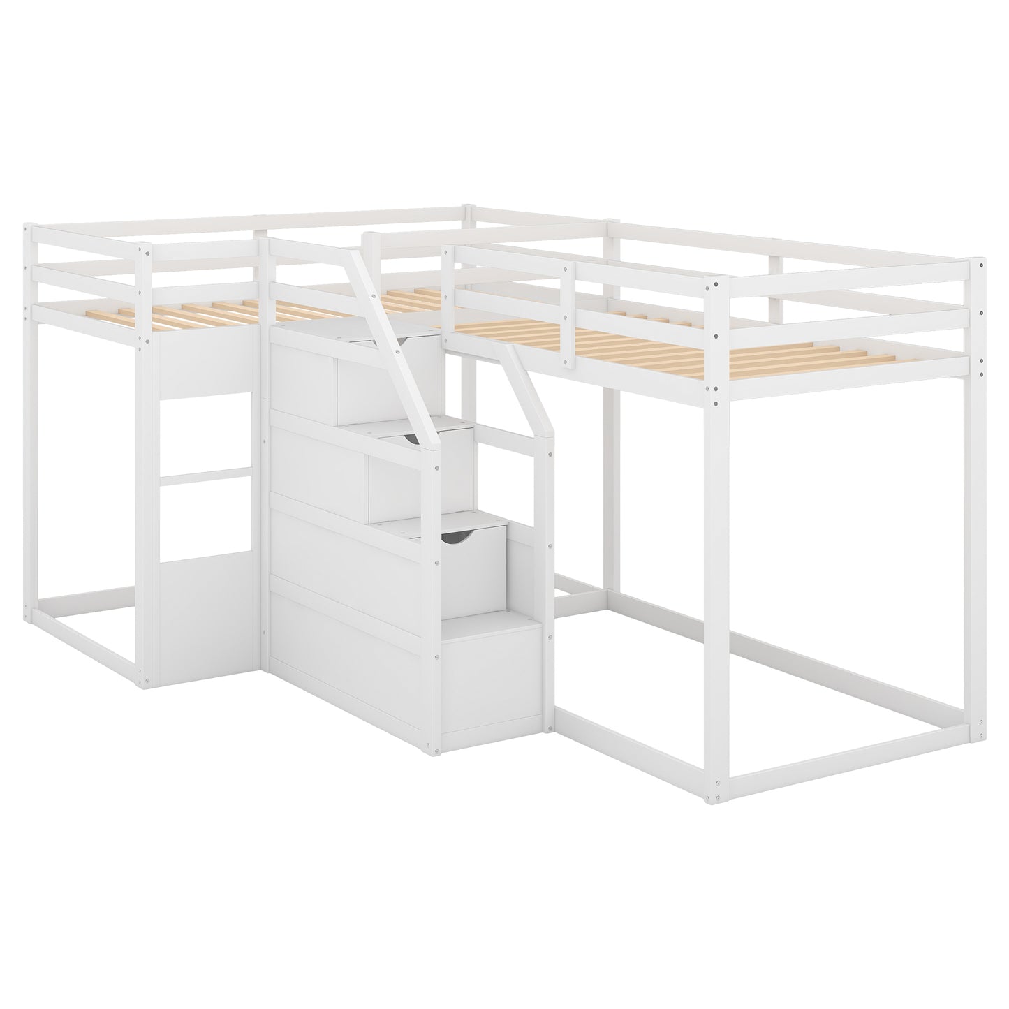 Twin over Twin L-Shaped Bunk Bed with Built-in Middle Staircase,White