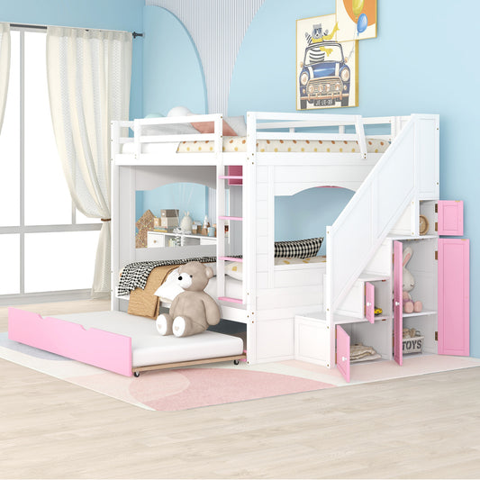 Full Over Full Bunk Bed with Trundle ,Stairs,Ladders Solid Wood Bunk bed with Storage Cabinet （White + Pink）