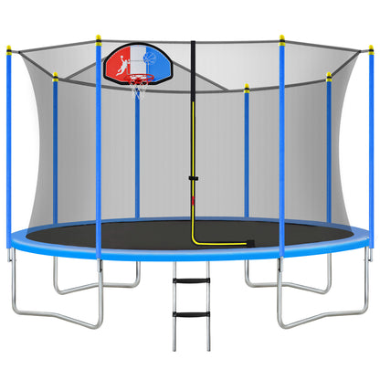 14FT Trampoline for Kids with Safety Enclosure Net, Basketball Hoop and Ladder, Easy Assembly Round Outdoor Recreational Trampoline