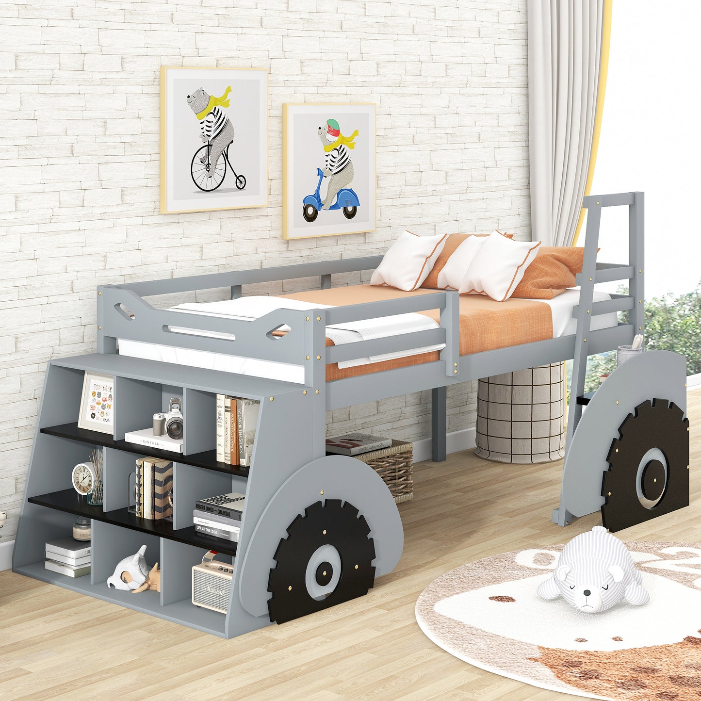 Twin Size Forklift Car-Shaped Loft Bed with Storage Shelves,Gray