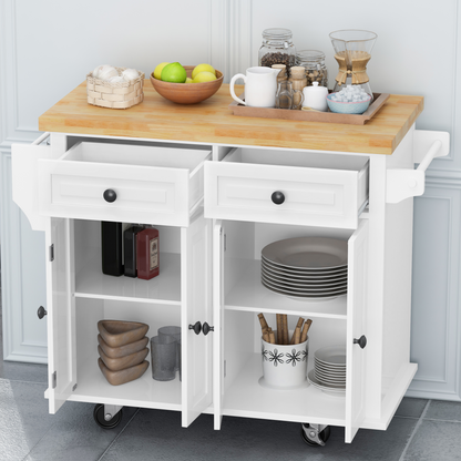 Kitchen Island Cart with Two Storage Cabinets and Two Locking Wheels，43.31 Inch Width，4 Door Cabinet and Two Drawers，Spice Rack, Towel Rack （White）