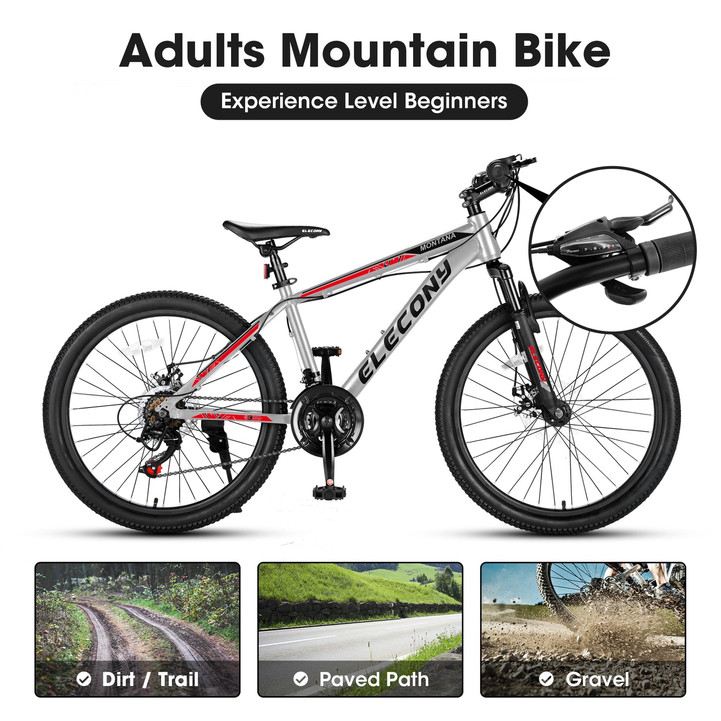 A26299 Rycheer Elecony 26 inch Mountain Bike Bicycle for Adults Aluminium Frame Bike Shimano 21-Speed with Disc Brake