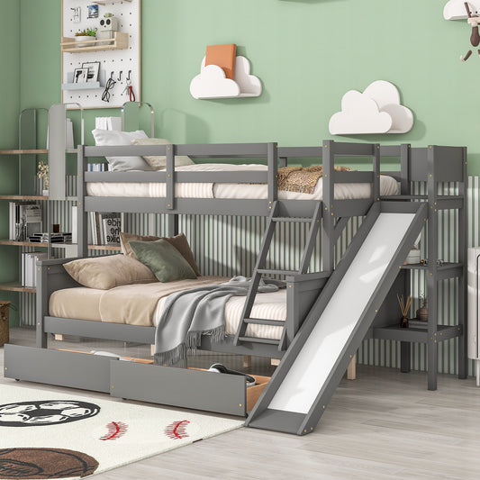 Twin over Full Bunk Bed with 2 Drawers,Slide,Shelves Gray