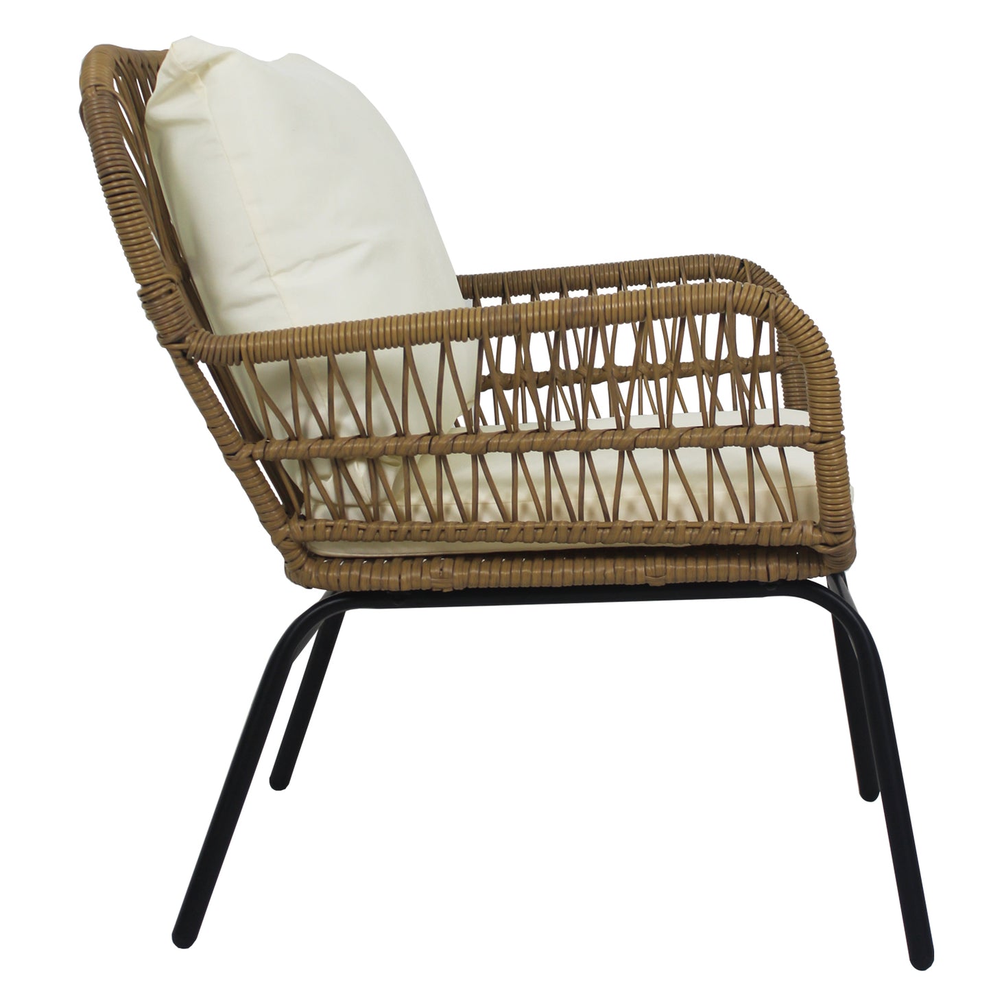 3PCS Outdoor Patio Balcony Natural Color Wicker Chair Set with Beige Cushion and Round Tempered Glass Table