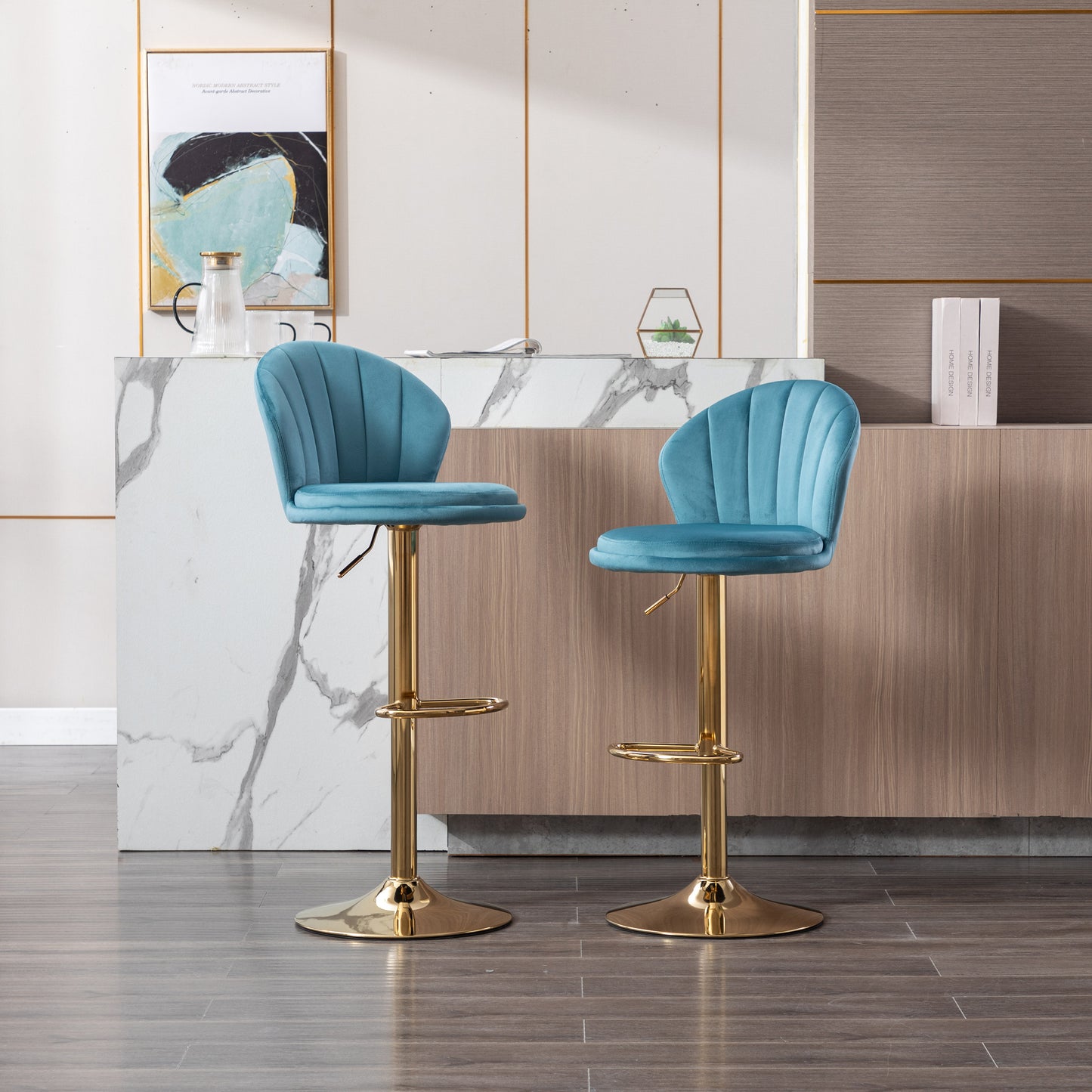 Set of 2  Bar Stools,with Chrome Footrest and Base Swivel Height Adjustable Mechanical Lifting Velvet + Golden Leg Simple Bar Stool-Baby Blue