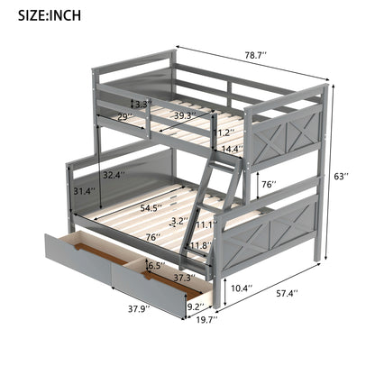 Twin over Full Bunk Bed with Ladder, Two Storage Drawers, Safety Guardrail, Gray