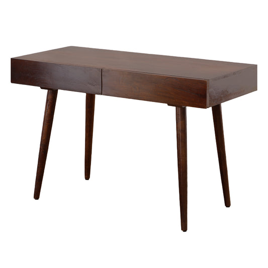 Mango Wood Writing Desk with Two Drawers and Tapered Legs, Brown