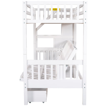 Twin over Full Bunk Bed with Two Drawers and Staircase, Down Bed can be Converted into Daybed,White