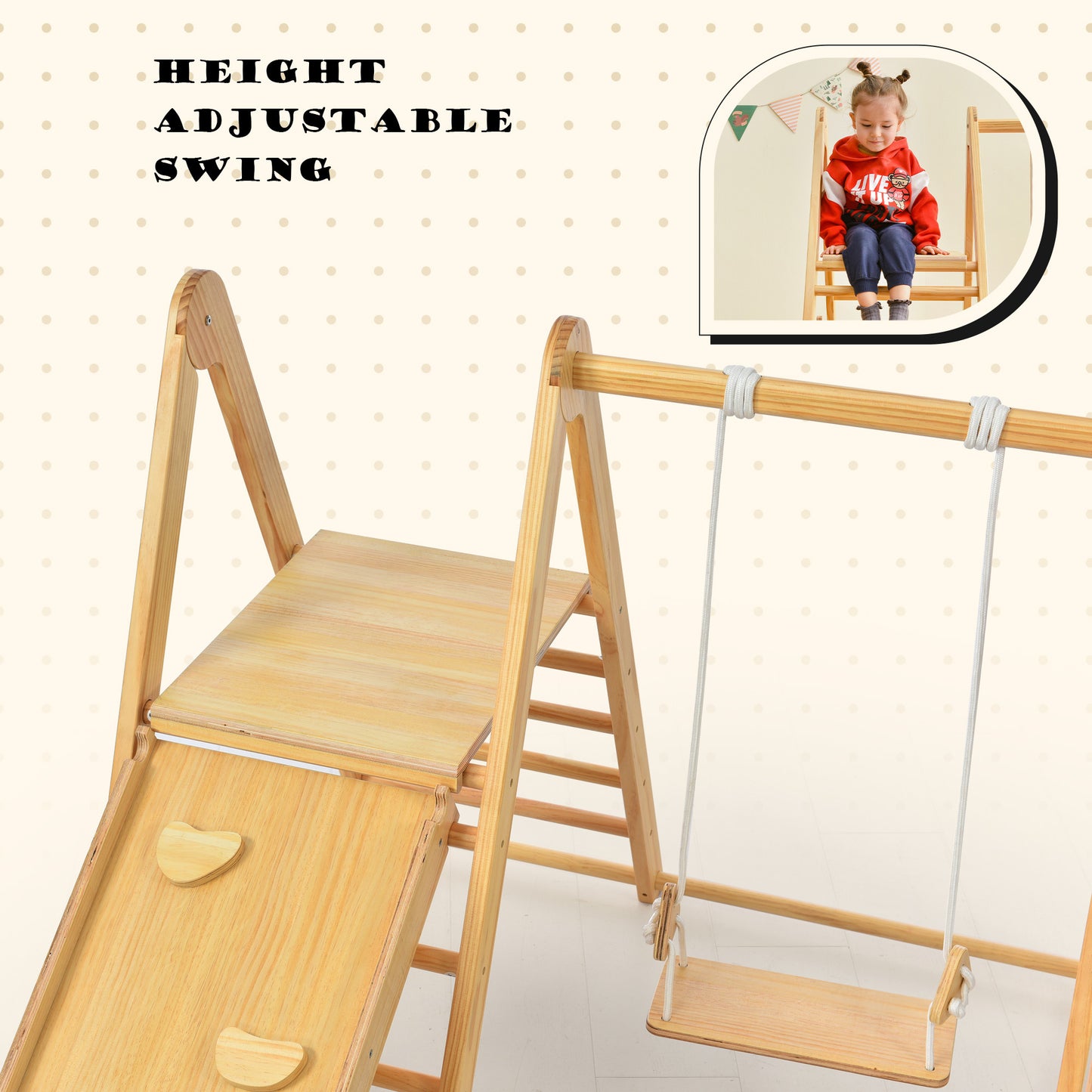 Wooden Swing and Slide Set Indoor Foldable Climbing Playground Playset for Kids, Wooden Climbing Toys with Rock Climb Ramp for Toddlers