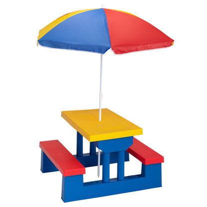 Kids Picnic Table with Removable Umbrella, Indoors and Outdoors Table and Bench Set for Toddlers, Garden Backyard, Red Yellow and Blue