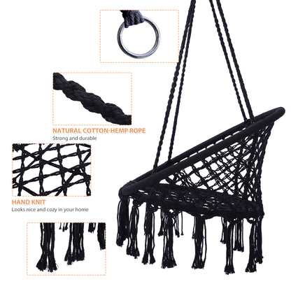 Black Swing，Hammock Chair Macrame Swing，Max 330 Lbs Hanging Cotton Rope Hammock Swing Chair for Indoor and Outdoor