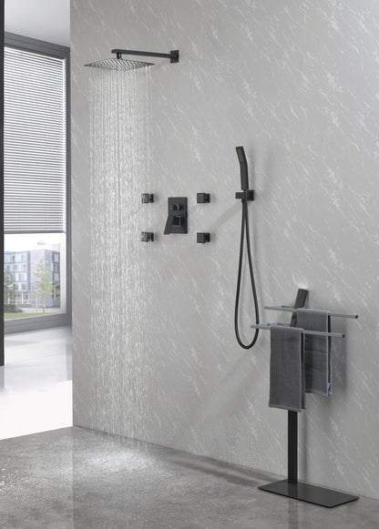 Shower System, 10-Inch Matte Black Full Body Shower System with Body Jets, Square Rainfall Shower Head, Handheld Shower, and 3 Functions Pressure Balance Shower Valve, Bathroom Luxury Faucet Set.