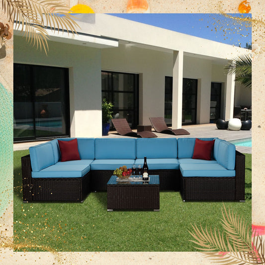 Outdoor Garden Patio Furniture 7-Piece Brown PE Rattan Wicker Sectional Blue Cushioned Sofa Sets with 2 Red Pillows