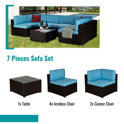 Outdoor Garden Patio Furniture 7-Piece Brown PE Rattan Wicker Sectional Blue Cushioned Sofa Sets with 2 Red Pillows