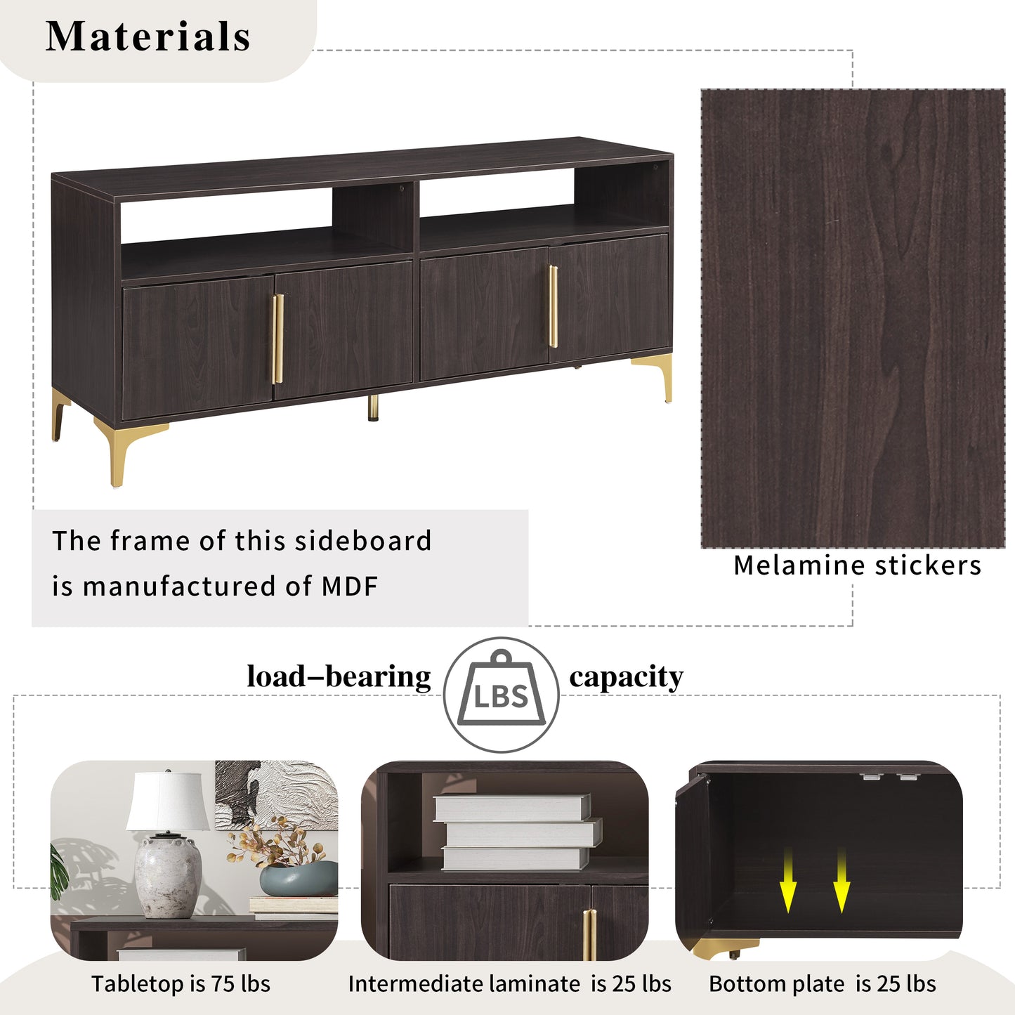 TREXM 58” L Sideboard with Gold Metal Legs and Handles Sufficient Storage Space Magnetic Suction Doors (Espresso)