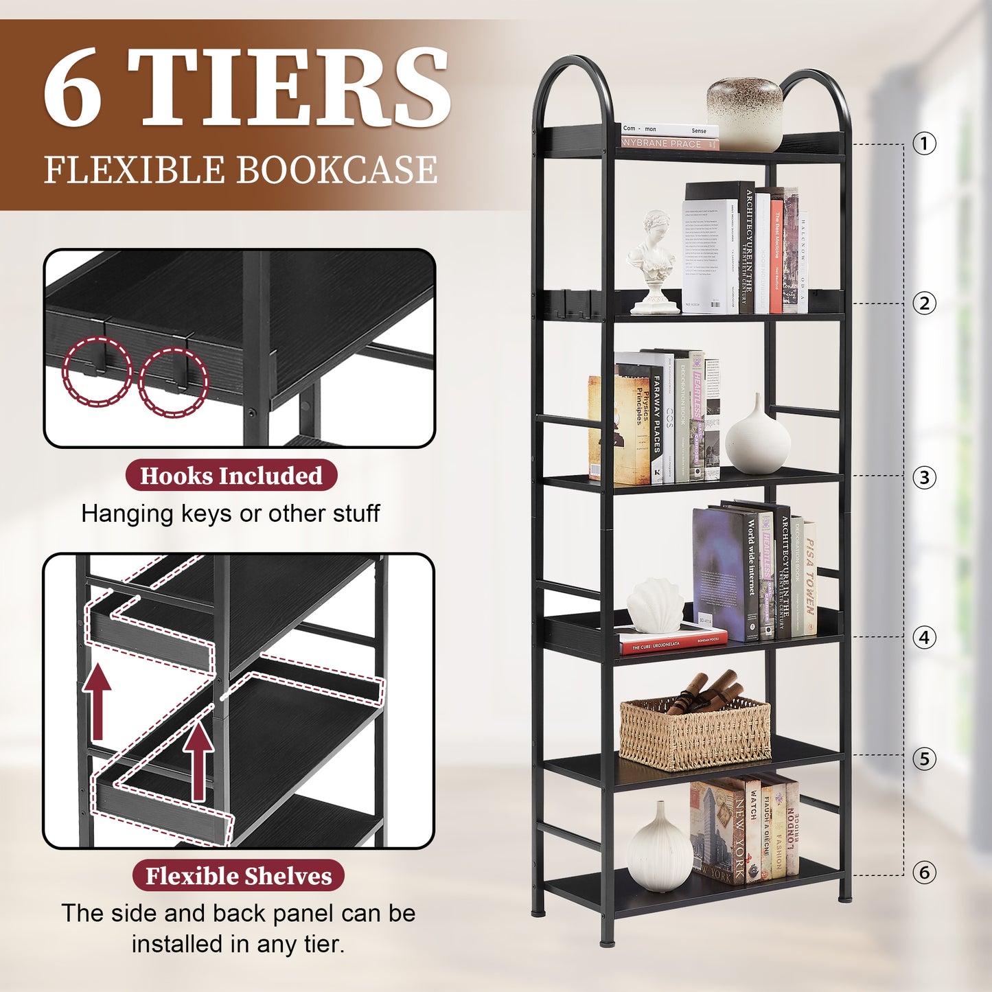 70.8 Inch Tall Bookshelf, 6-tier Shelves with Round Top Frame, MDF Boards, Adjustable Foot Pads, Black