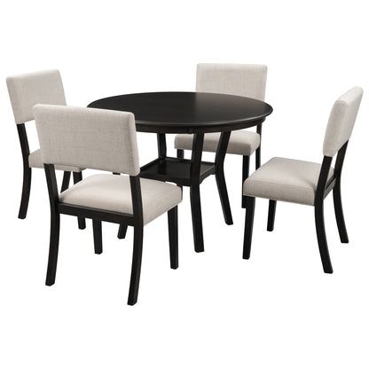 TREXM 5-Piece Kitchen Dining Table Set Round Table with Bottom Shelf, 4 Upholstered Chairs for Dining Room（Espresso）