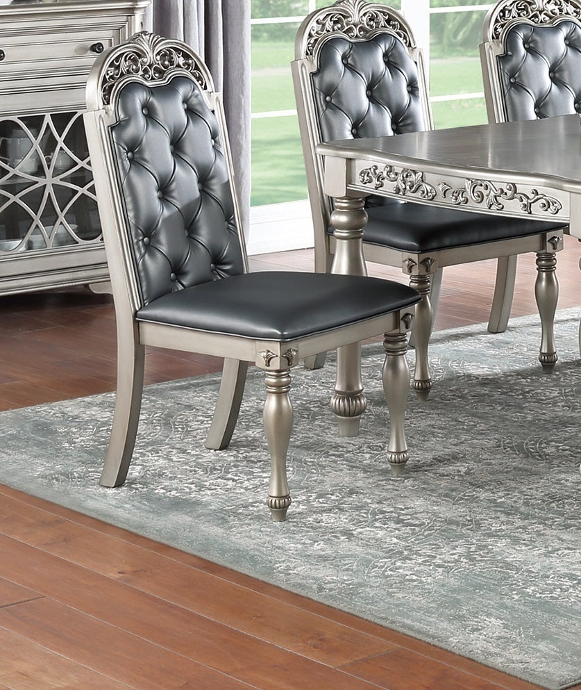 Majestic Formal Set of 2 Side Chairs Grey / Silver Finish Rubberwood Dining Room Furniture Intricate Design Cushion Upholstered Seat Tufted Back
