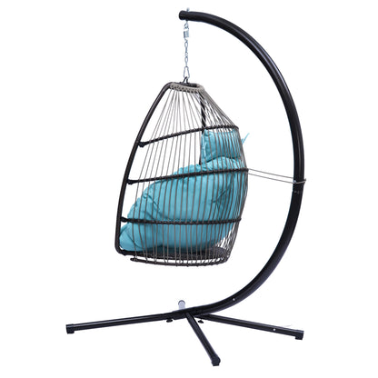 Patio Wicker folding Hanging Chair,Rattan Swing Hammock Egg Chair with C Type bracket , with cushion and pillow,for Indoor,Outdoor，Blue