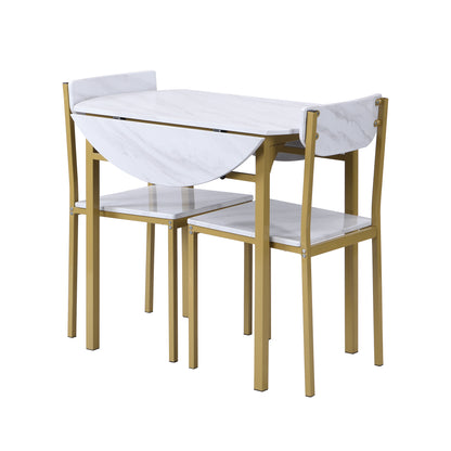 TOPMAX Modern 3-Piece Round Dining Table Set with Drop Leaf and 2 Chairs for Small Places,Golden Frame+Faux White Granite Finish