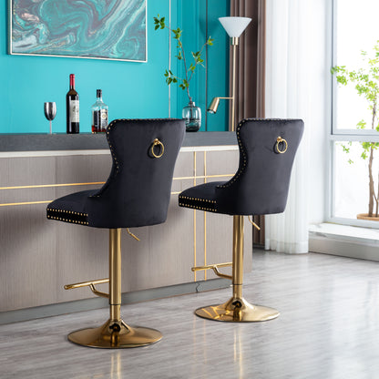 Swivel Bar Stools Chair Set of 2 Modern Adjustable Counter Height Bar Stools, Velvet Upholstered Stool with Tufted High Back & Ring Pull for Kitchen , Chrome Golden Base, Black