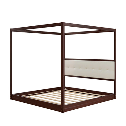 King Size Wooden Canopy Platform Bed with Upholstered Headboard,Espresso