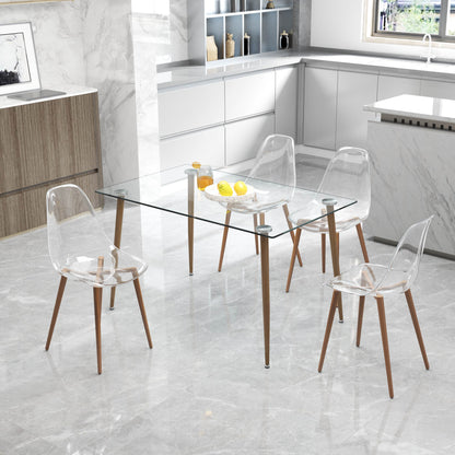 Modern simple transparent dining chair plastic chair armless crystal chair Nordic creative makeup stool negotiation chair Set of 4 and wood color metal leg