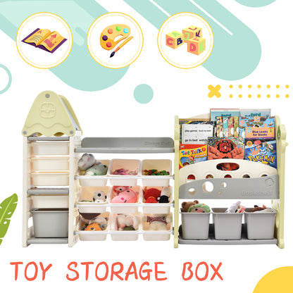 Kids Bookshelf Toy Storage Organizer with 17 Bins and 4 Bookshelves, Multi-functional Nursery Organizer Kids Furniture Set Toy Storage Cabinet Unit with HDPE Shelf and Bins
