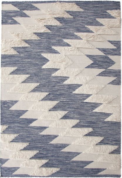 Ivory and Blue Wool Blend Handwoven High-Low Area Rug 5x8