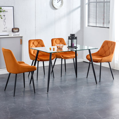 Kitchen Dining Room Metal legs Glass Table Set with 4 pcs orange velvet fabric dining chairs