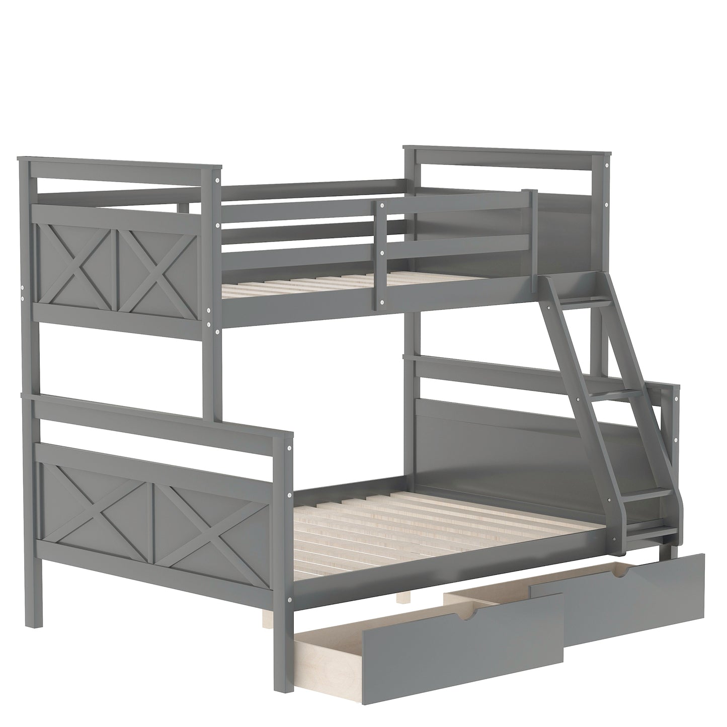 Twin over Full Bunk Bed with Ladder, Two Storage Drawers, Safety Guardrail, Gray