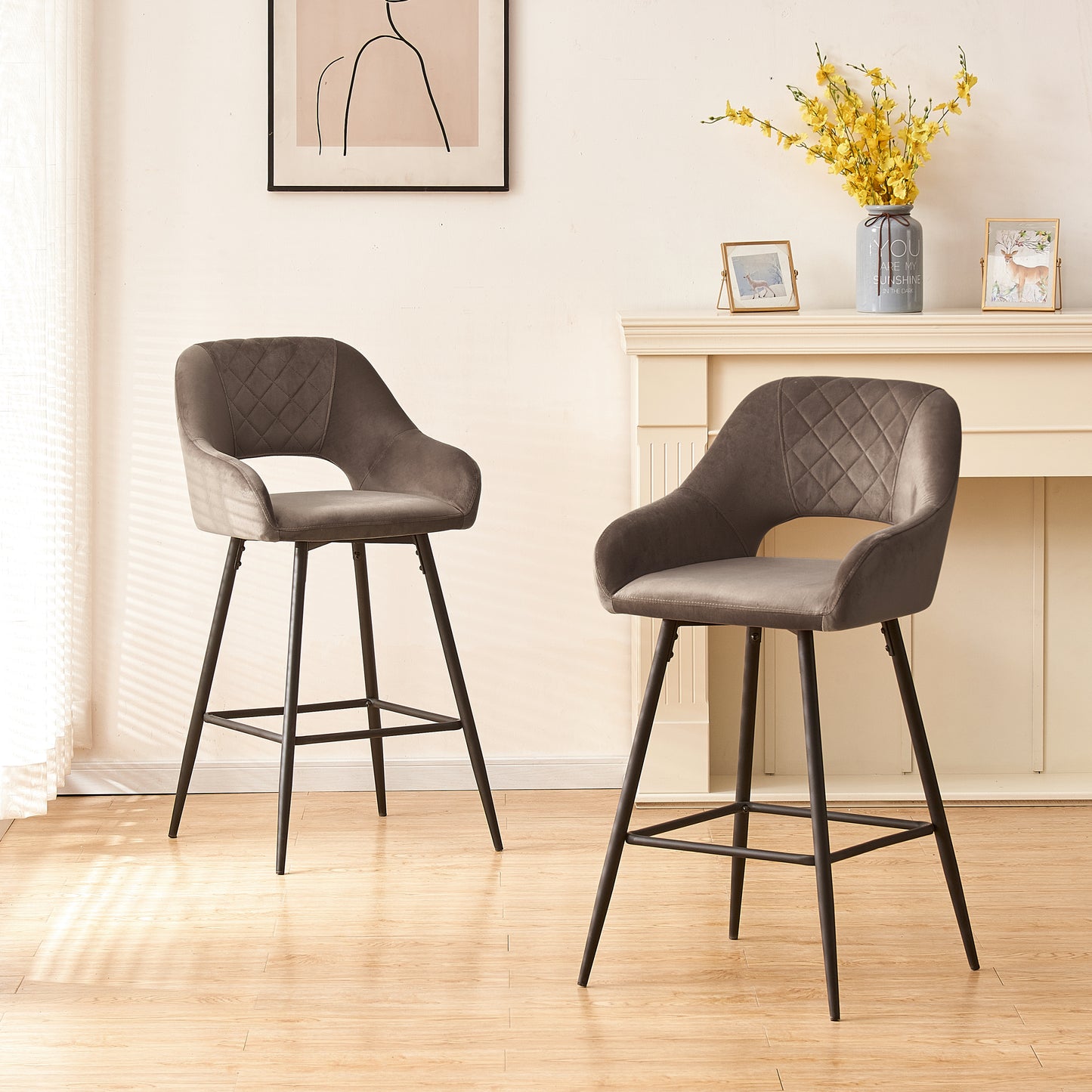 Bar Stools Set of 2 Velvet Gray Breakfast Dining Bar Stools Fixed Height Bar Chairs with Metal Frame and Footrest for Breakfast Bar, Counter, Kitchen and Home