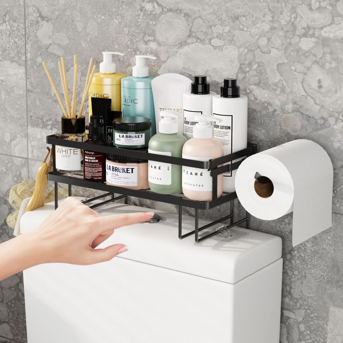 Over The Toilet Storage, Bathroom Organizer Shelves, Multifunctional Toilet Rack with Adhesive Base and Hooks,No Drilling Space Saver with Wall Mounting Design