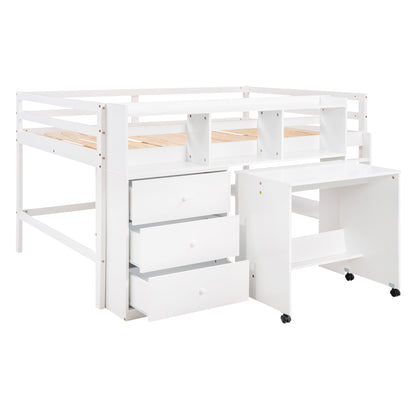 Full Size Low Loft Bed with Rolling Portable Desk, Drawers and Shelves,  White