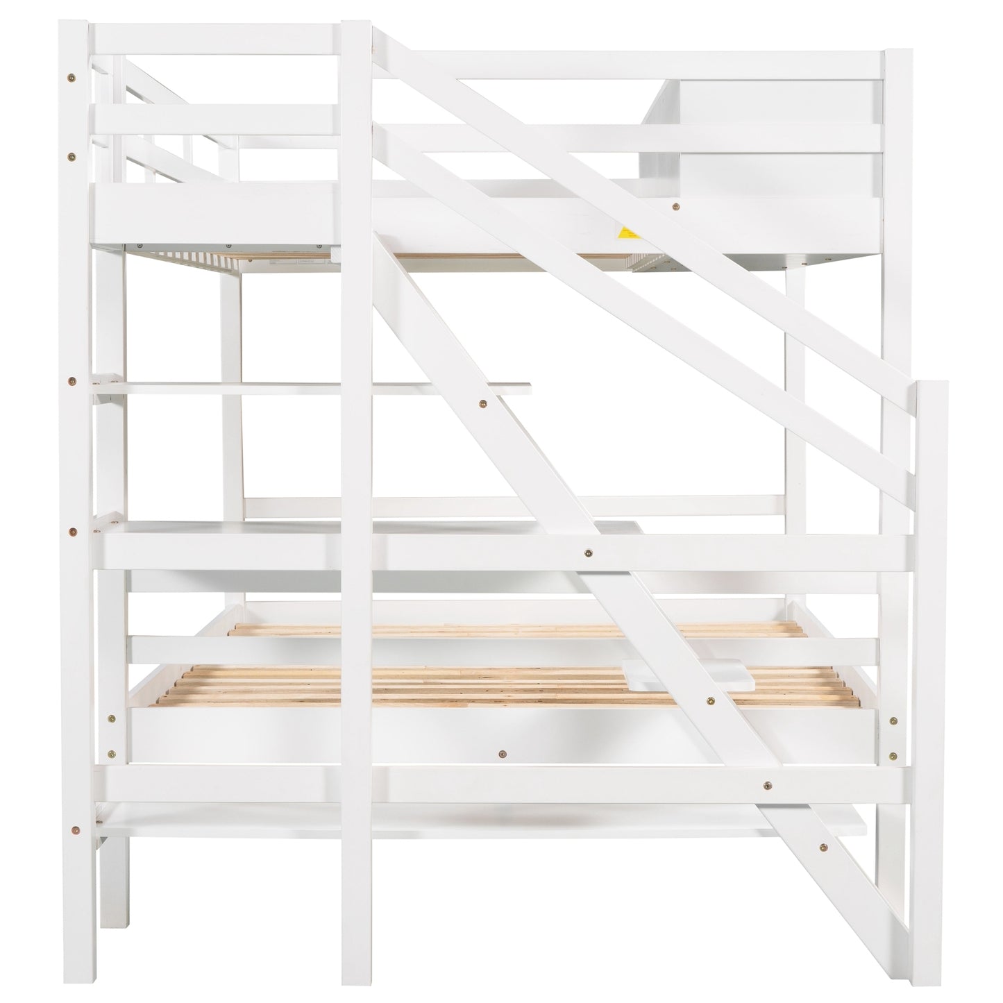 Twin over Full Bunk Bed with Staircase and Built-in Storage Cabinets,White