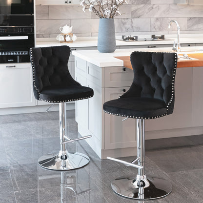 A&A Furniture,Swivel Velvet Barstools Adjusatble Seat Height from 25-33 Inch, Modern Upholstered Chrome base Bar Stools with Backs Comfortable Tufted for Home Pub and Kitchen Island（Black,Set of 2）