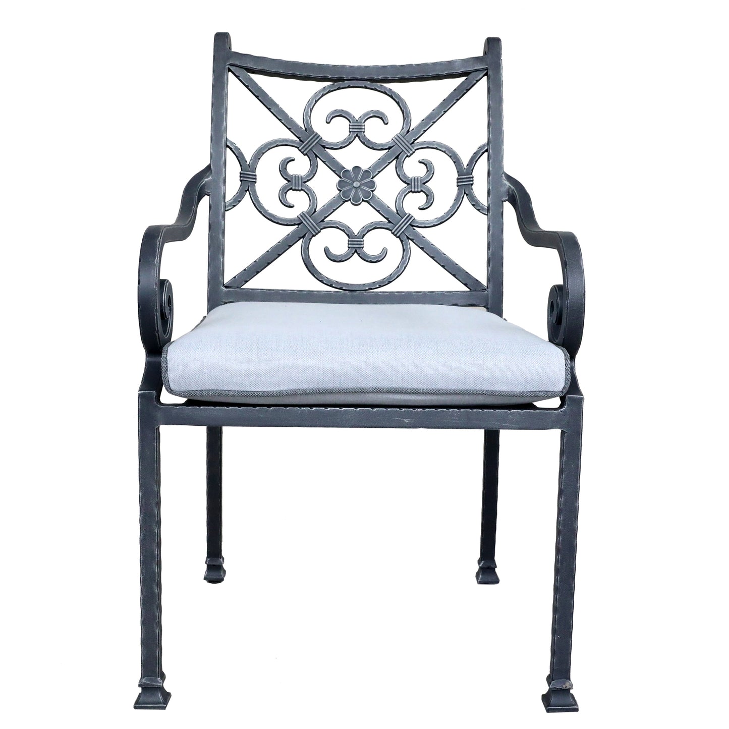 Outdoor Patio Cast Burnished pewter Aluminum Stacking Arm Chair With Cushion, Set of 2, Blue