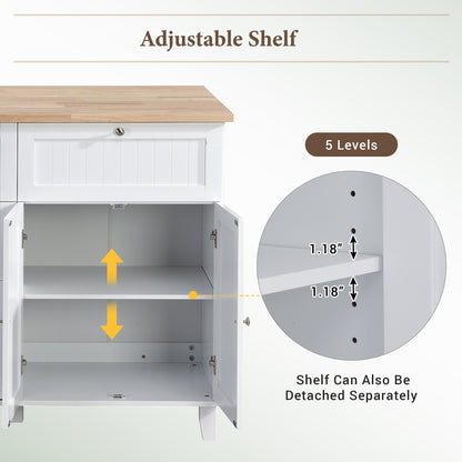 TOPMAX Farmhouse Kitchen Island Set with Drop Leaf and 2 Seatings,Dining Table Set with Storage Cabinet, Drawers and Towel Rack, White+Rustic Brown