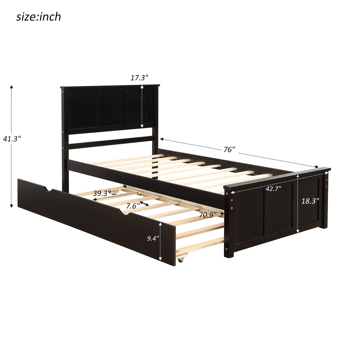 Platform Bed with Twin Size Trundle, Twin Size Frame, Espresso (New SKU:WF283063AAP)