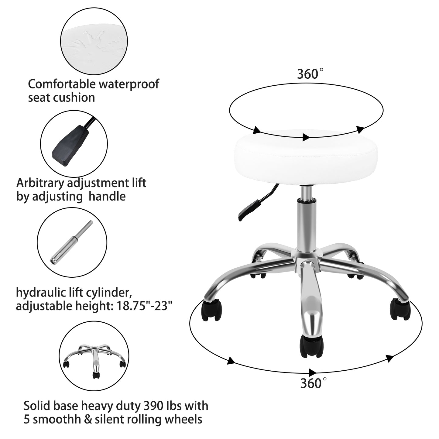 YSSOA Round Stool Chair with Wheels Height Adjustable, White